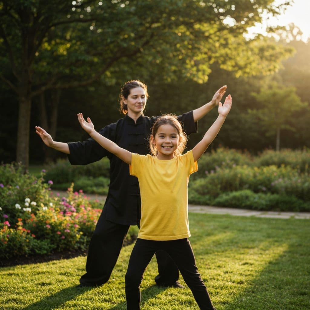 Child practicing tai chi movements with an instructor outdoors