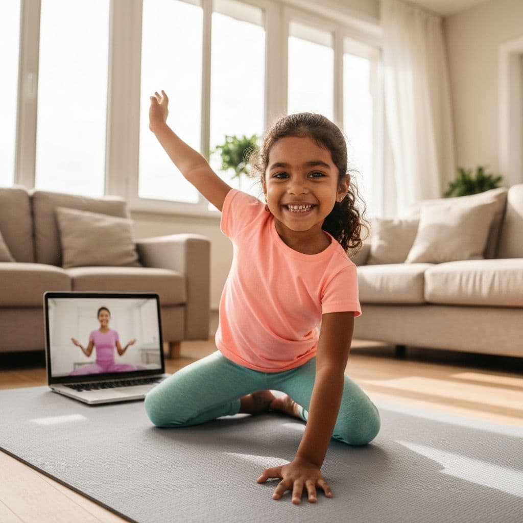 Child exercising at home during a virtual training session