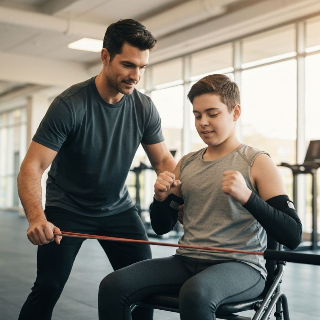 A trainer working one-on-one with a young athlete during an adaptive sports session