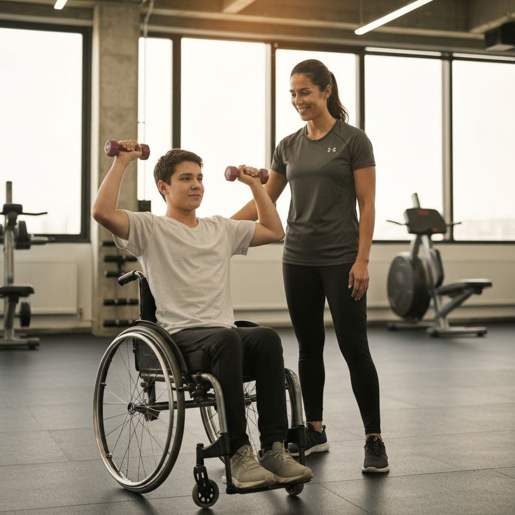 A young person stretching with a personal trainer in a bright, modern studio